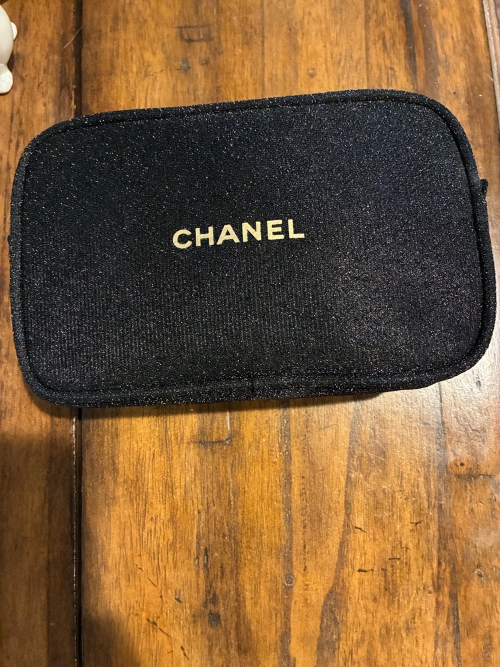 CHANEL Black Glitter Logo Cosmetic Pouch with Gold Branding